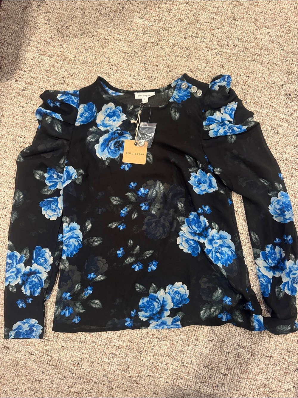 Blu Pepper Black Cold-Shoulder Blouse with Blue Floral Print
